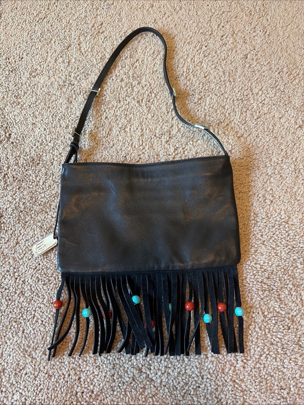 Harold Powell Black Leather Handbag Purse, Made in Italy Fringe Detail